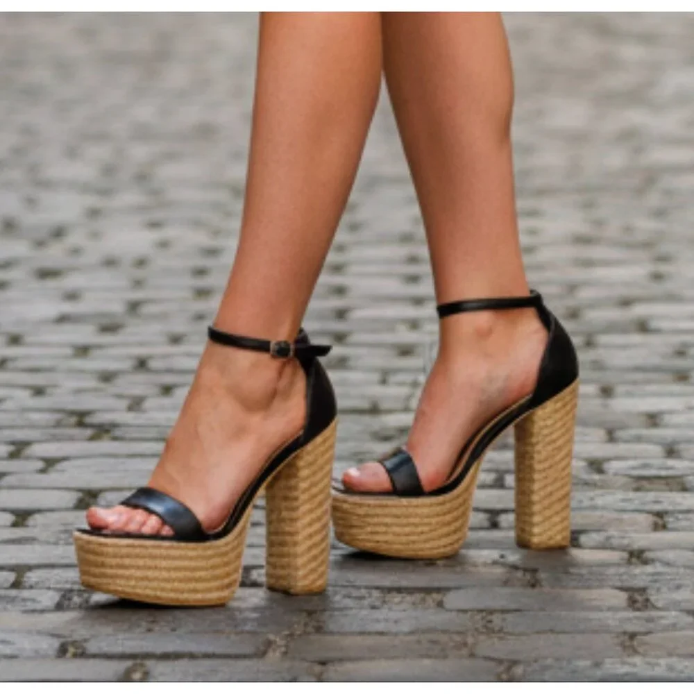 Black Platform High Heel Sandals With Woven Straw Sole & Ankle Strap Heel Chic - Picture 1 of 9